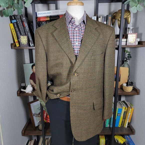 Oscar De La Renta Men's Sport Coat Blazer Three Button‎ Brown Wool Plaid 46R - Picture 1 of 16